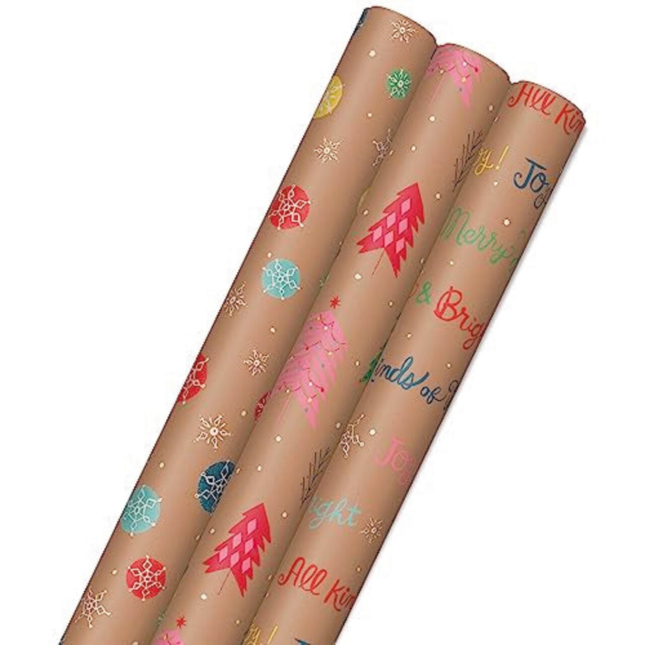 Hallmark Colorful Recyclable Christmas Wrapping Paper with Cut Lines on  Reverse (3 Rolls: 90 sq. ft. ttl) Kraft Brown with Snowflakes, Pink Trees,  All Kinds of Merry